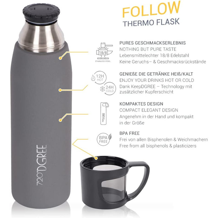 Термос 720°DGREE Follow з чашкою, 1000 мл, нержавіюча сталь, герметичний, BPA-free, для кави та чаю, сірий матовий, для дітей, школи, роботи, outdoor