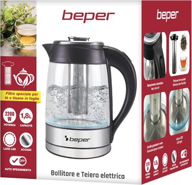 Електрочайник Beper BB.103, 1.8 л, чорний, скло