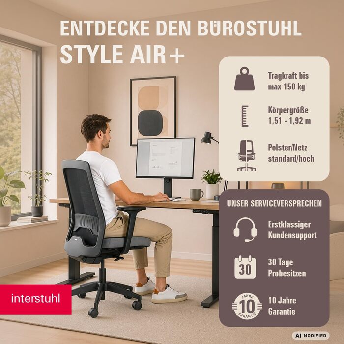 Ергономічне офісне крісло Interstuhl STYLE Air + з синхромеханізмом, 4D-підлокітниками та підтримкою попереку, чорне, Made in Germany