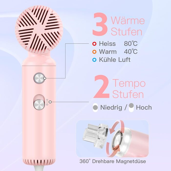 Фен Webeauty іонний, суперлегкий, 110 000 об/хв, 200 млн негативних іонів, швидке сушіння, портативний для подорожей і дому, рожевий