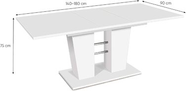 Розсувний обідній стіл з синхронним механізмом, білий, 140-180x75x90 см, товщина стільниці 22 мм, крайка ABS