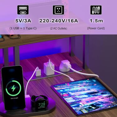 Комп'ютерний кутовий стіл BEXEVUE з розеткою та LED-підсвіткою 120x70 см, ергономічний, з полицями, для дому та офісу (Нусбаум)
