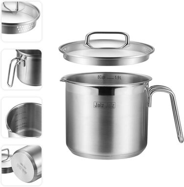 Jalz Jalz каструля з нержавіючої сталі з скляною кришкою 1,5 л, класичний кухонний посуд, сотейник для молока, соусів, макаронів