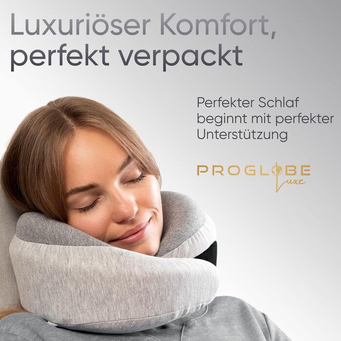 Подорожня подушка для шиї Proglobe Luxe з ефектом пам'яті (Memory Foam), з підтримкою підборіддя та компресійним чохлом, світло-сіра