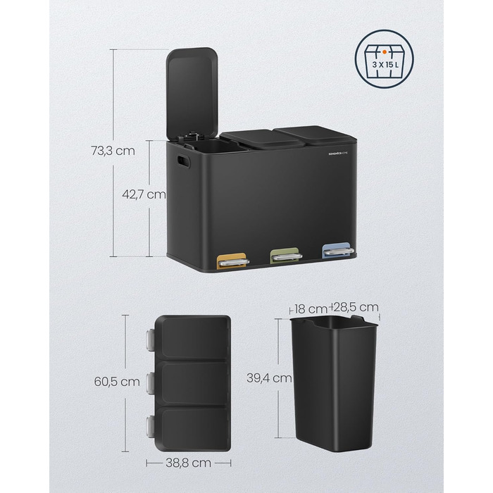 Сортувальний смітник SONGMICS HOME для кухні, 3×15 л, з кришками, кольоровими педалями та внутрішніми контейнерами, чорний сталь