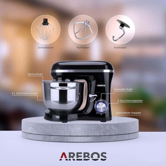 Кухонна машина Arebos 1500W з чашею 6L з нержавіючої сталі, чорна | Змішувач, гак для тіста, вінчик | Кришка від бризок | 6 швидкостей | Кухонний комбайн | Машина для тіста