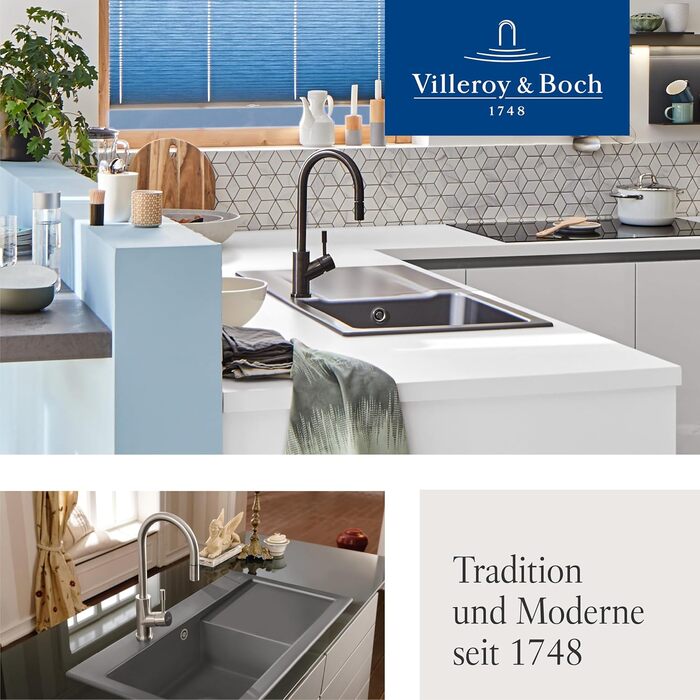 Змішувач кухонний Villeroy & Boch Umbrella Flex з висувним душем, антрацит - економія води, висота виливу 220 мм