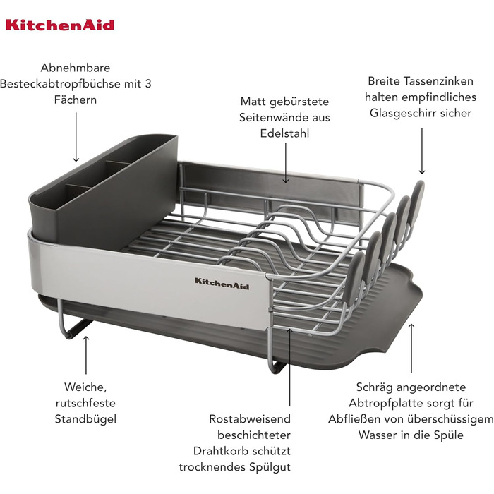 Компактна підставка для сушіння посуду KitchenAid, вугільно-сіра, 40.8 x 32 x 15 см