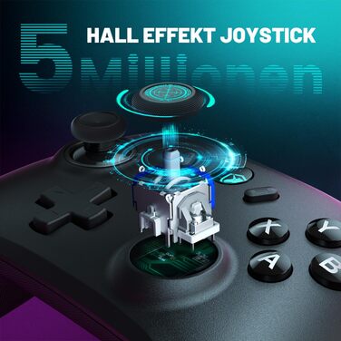 Ігровий бездротовий контролер ECHTPower для PC, Switch, Steam Deck, Android, iOS — RGB-підсвітка, Hall-джойстики, Turbo, вібрація, акумулятор 800mAh, чорний