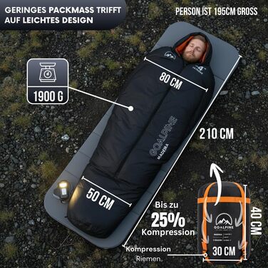 Трисезонний спальний мішок-кокон GOALPINE Madeira для дорослих, комфорт 5-10°C, з отвором для рук, водовідштовхувальний, для кемпінгу та трекінгу