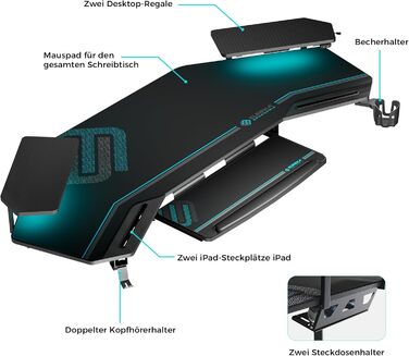 Ігровий стіл EUREKA ERGONOMIC 160x74 см - великий стіл у формі крила з 2 відсіками для iPad. Підходить для дому, офісу, стрімінгу. Чорний колір.
