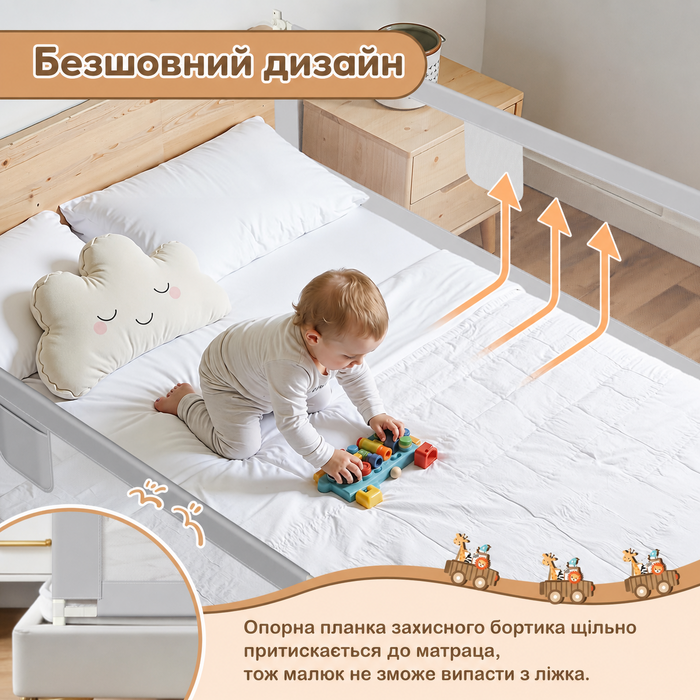 Захисні бортики для ліжка дитячий Ikodm 2x200 см + 1x180 см, регульована висота 64-96 см, сірий