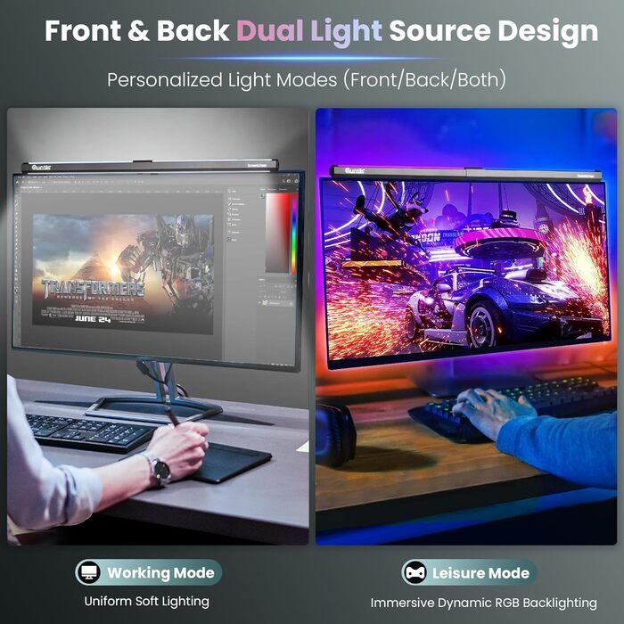 Quntis LED лампа для монітора 51 см, RGB підсвітка, USB, регульована світлова панель для комп’ютера, 15 кольорів, для ігор та читання