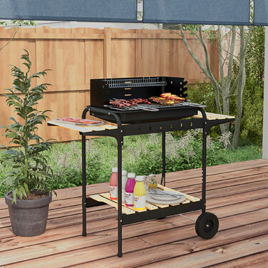 Металевий гриль на вугіллі з димовою трубою (BBQ Smoker) на колесах, з регульованою по висоті решіткою та полицею для дров, розміром 103x47x95 см, чорного кольору.