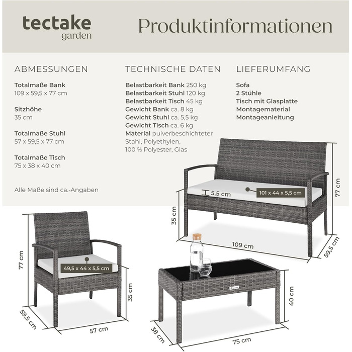 Садові меблі з поліратану tectake, комплект: 2 крісла, лавка і стіл, сіра, вуличні меблі для тераси, балкона, саду, вологостійкі