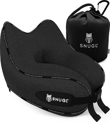 Подушка для шиї SNUGL з пам'яттю форми, м'яка, регульована, для подорожей – чорна, для дорослих, для літака, авто та подорожей