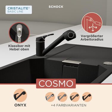 Кухонний змішувач SCHOCK COSMO I одноважільний, з висувною лійкою, поворот на 360°, колір Onyx