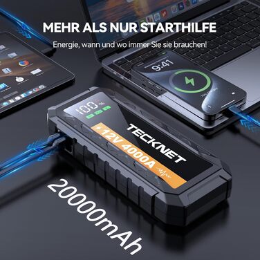 Бустерний пускач TECKNET 4000A 12V для автомобіля (бензин до 10л, дизель до 8л) з USB-портом та LED-ліхтарем, чорний