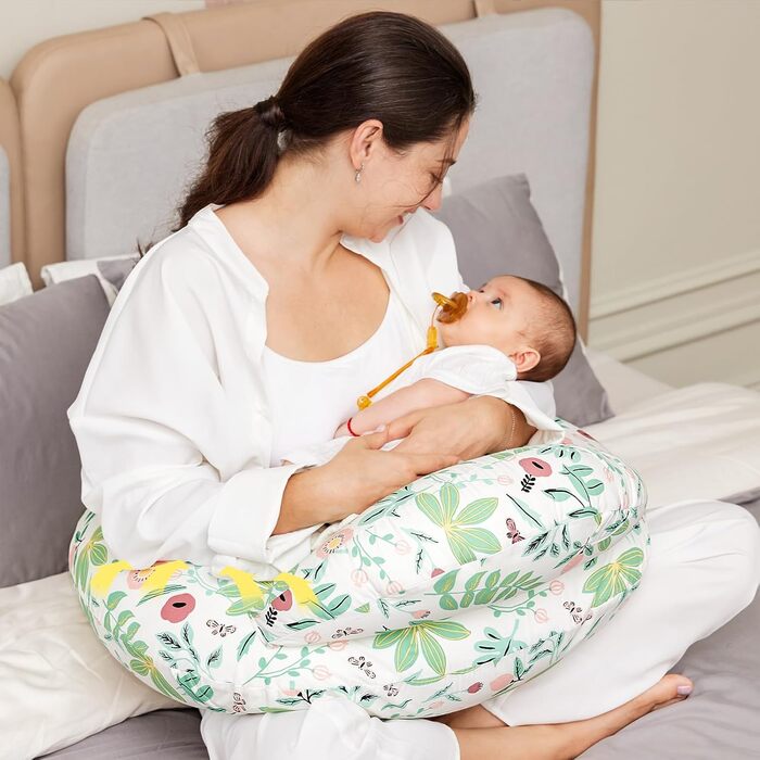 Подушка для годування Momcozy Stillkissen з захисним бордюром - ергономічна подушка для годування та позиціонування з регульованим ремінцем та знімним бавовняним чохлом, Meteoritenschauer (зелений)