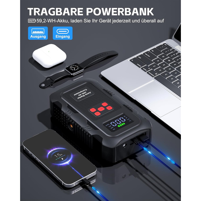 Пусковий інвертор Povasee Jump Starter 6000A з компресором 150 PSI, Powerbank для авто 12V, електричний насос та ліхтариком (Помаранчевий/Чорний/Червоний)