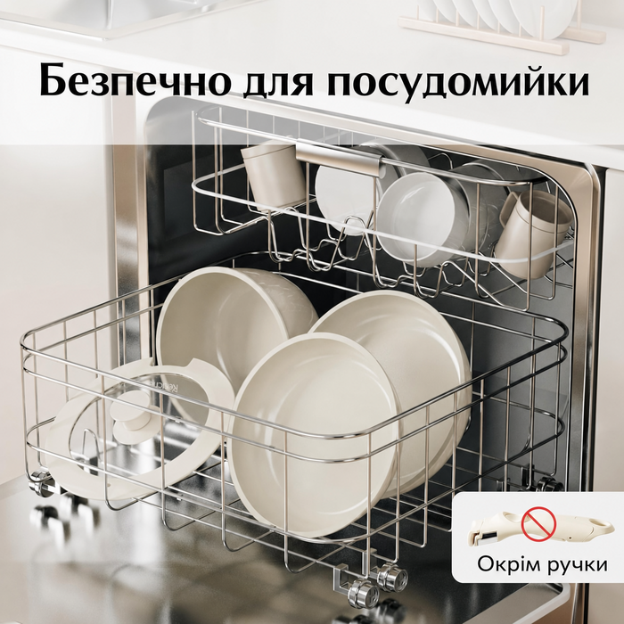 Набір керамічного посуду Redchef для кемпінгу, 5 предметів, знімна ручка, без PTFE/PFAS/PFOA, компактний, для індукції та посудомийки, бежевий