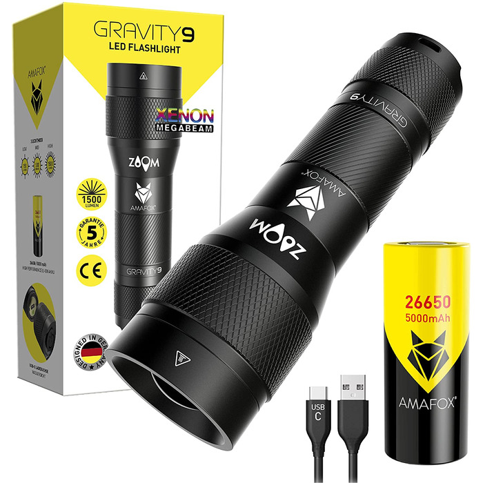 Ліхтарик AMAFOX G9 XENON Megabeam, надпотужний LED, тактичний, акумуляторний, з USB-C, чорний, для туризму та безпеки