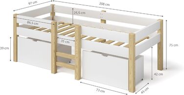 Дитяче ліжко Bellabino 90x200 Aspy, біле напіввисоке з бортиком, масив дерева, з ламелями та 2 шухлядами, для хлопчиків і дівчаток, ліжко з місцем для зберігання