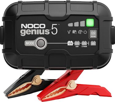 NOCO Genius 5: Інтелектуальне зарядне пристрій для акумуляторів 5A 6V/12V – Автоматичний зарядний пристрій, десульфатор з захистом від перезаряду та температурною компенсацією – Для свинцево-кислотних та літієвих акумуляторів