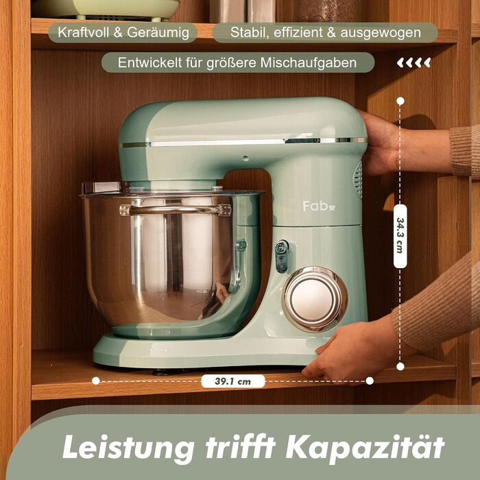 Кухонний комбайн-міксер Kitchen in the box Fab-Serie 8л, потужність 2000Вт, 10 швидкостей, з насадками (вінчик, гак, міксер), Зелений