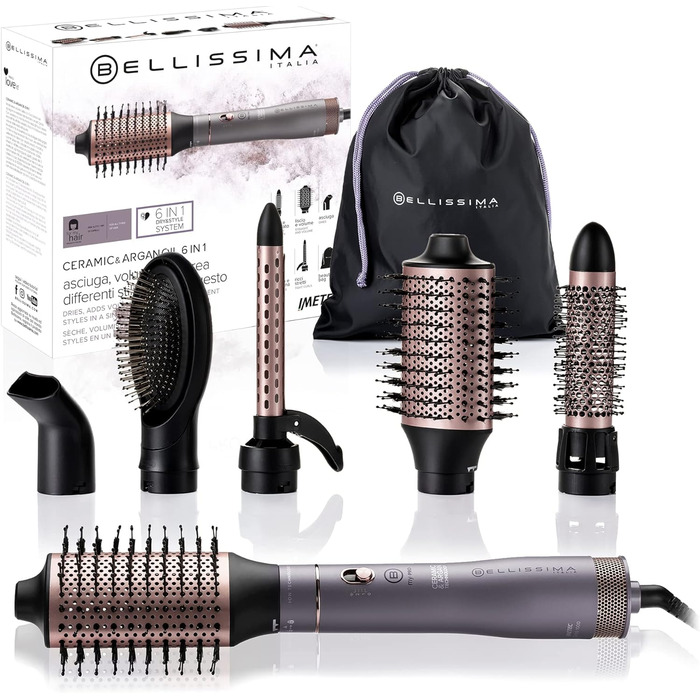 Фен-щітка Bellissima 6-в-1 з керамікою та аргановою олією, іонізація, 1000 Вт, 6 насадок, об'єм і захист волосся