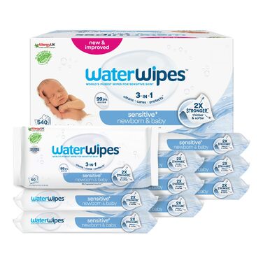 Дитячі вологі серветки WaterWipes Sensitive+ для новонароджених та чутливої шківи, 99,9% води, 6 пачок по 90 шт (загалом 540 шт)