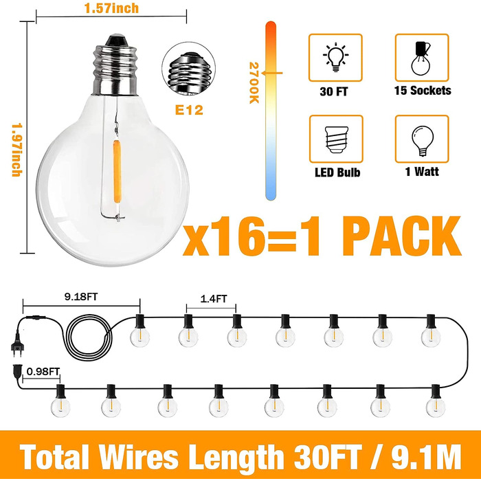 Гірлянда LED SUWIN G40 9 м для вулиці, тепле світло, водонепроникна, 15+1 лампочка, підвісна, для саду та вечірок