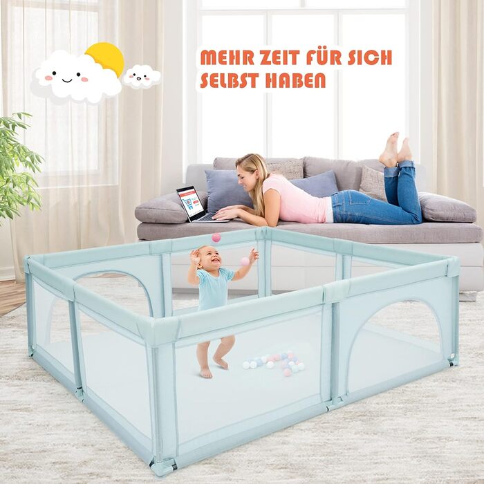 Дитячий манеж COSTWAY 206x185,5 см з 50 ігровими кульками, дихаючою сіткою та двома дверцятами, манеж-загородка для немовлят і дітей, синій