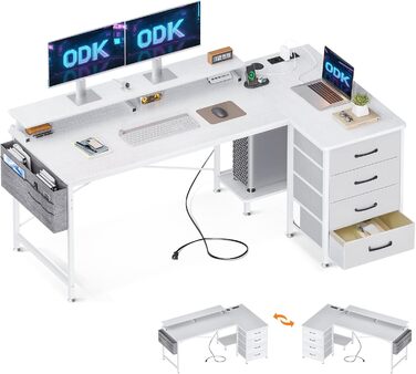 Кутовий письмовий стіл ODK білий L-подібний 160x80x84,7 см з 4 шухлядами, USB, розетками та полицею для монітора для домашнього офісу