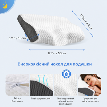 Ортопедична подушка Derila Queen Size з піни Memory Foam для бокового, спинного та переднього сну