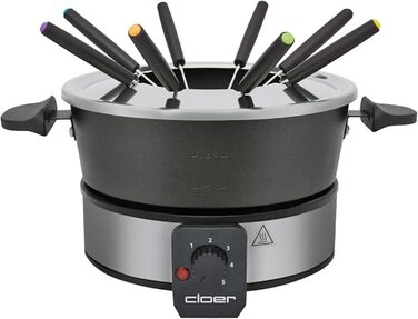 Фондю Cloer 6679 для 8 осіб, алюмінієва каструля з антипригарним покриттям, 1,5 л, 1000 Вт, зі сплескозахистом і 8 кольоровими виделками, сріблясто-чорний