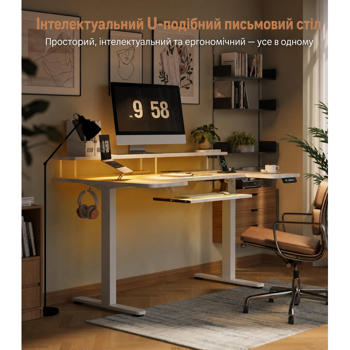 Регульований стіл OffiGo U-подібний, 120 см, електричний, з підставкою для монітора, розетками та USB-зарядкою, LED, для офісу та геймінгу, білий 120 x 74 см