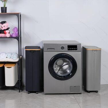 Кошик для білизни iEGrow 75 л з кришкою та колесами, вузький, знімний та праний внутрішній мішок, для одягу, іграшок, рушників, сірий