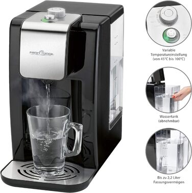 Диспенсер для гарячої води ProfiCook PC-HWS 1145, корпус з нержавіючої сталі, гаряча вода одним натисканням кнопки приблизно за 3 секунди, LED-дисплей із сенсорним керуванням, 2600 Вт (резервуар для води 2,2 літра)
