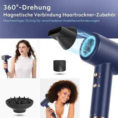Фен PARWIN PRO BEAUTY Air-Sonic з HD-LED дисплеєм, безщітковий мотор 110000 об/хв, 2 автоматичні насадки для завивки 32 мм, потужний повітряний потік 25 м/с, швидка сушка, синій
