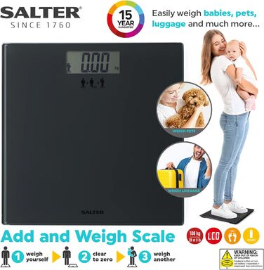 Ваги для ванної Salter з функцією тара, LCD-дисплей, до 180 кг, підходять для зважування немовлят, модель SA00300 GGFEU16