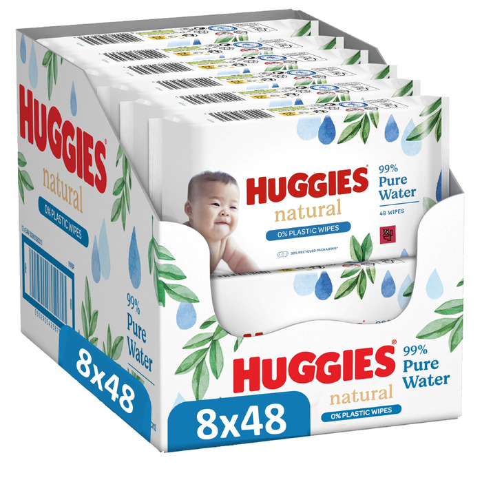 Дитячі вологі серветки Huggies Natural Biodegradable Sensitive, біорозкладні, для чутливої шкіри, велика упаковка (8х48 шт)