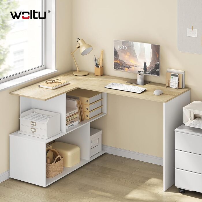 Кутовий письмовий стіл WOLTU L-подібний з полицями для зберігання, білий та світлий дуб