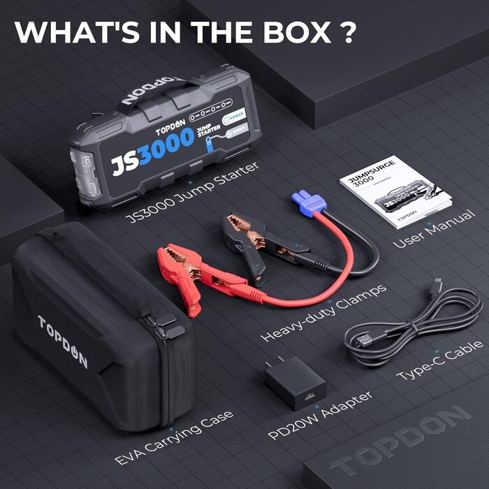 Powerbank TOPDON JS3000 для запуску авто: 12V, 3000A, 24000mAh, для бензинових та дизельних двигунів до 9.0L та 7.0L відповідно