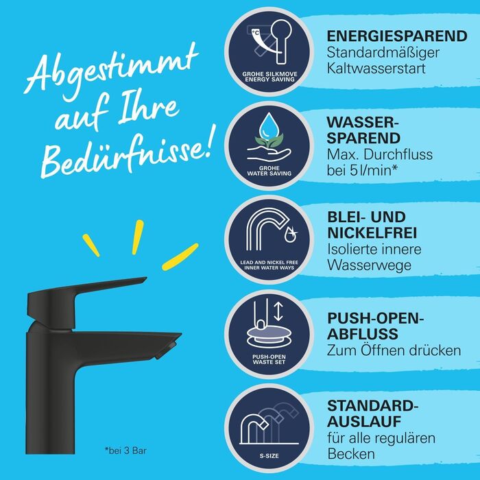 Змішувач для ванної кімнати GROHE Start, економічний, холодна вода в середній позиції, з Pop-Up клапаном, хром, 23551002 (Push-Open, водозберігаючий)