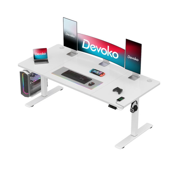 Електричний підйомний стіл Devoko 160x70 см, білий — Регульований комп'ютерний стіл для роботи сидячи та стоячи з USB-портами