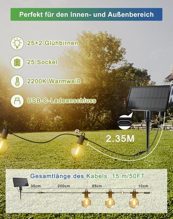 Гірлянда світлодіодна вулична Zuske 45м, 76 LED ламп G40 теплий білий, IP65 водонепроникна, для саду, тераси, вечірок, балкону, бістро (Солярна - 15м)