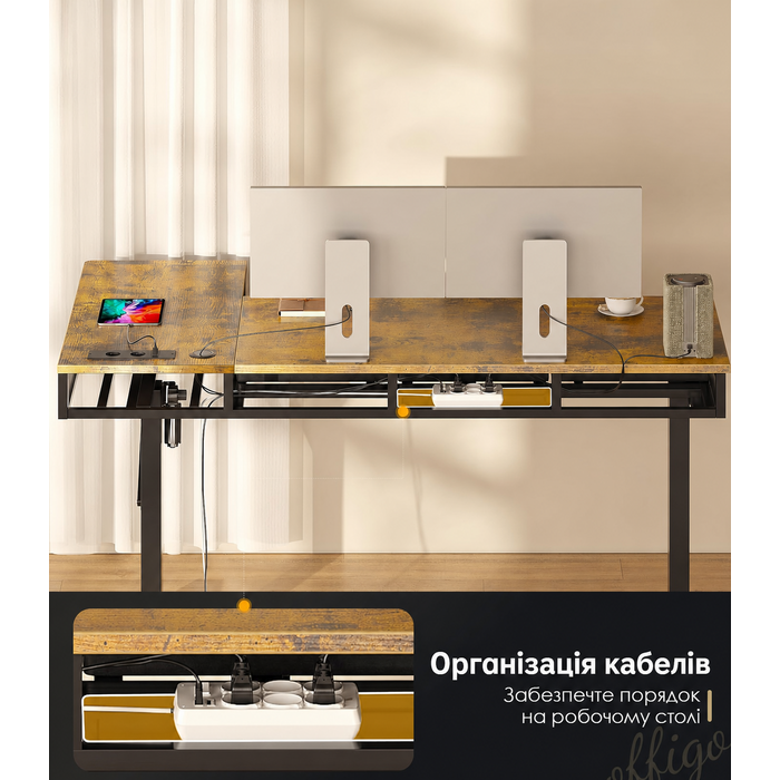 Кутовий стіл OffiGo з регулюванням висоти 140x80 см, електричний, з 4 шухлядами, коричневий вінтаж для офісу та кабінету