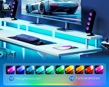 Ігровий кутовий стіл ODK з LED-підсвіткою та USB-портом, 150×102 см, білий, стільниця з вуглецевого волокна