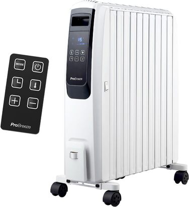 Масляний радіатор Pro Breeze Premium 2500Вт, енергозберігаючий, електричний, 10 секцій, цифровий дисплей, пульт, 4 режими нагріву, таймер 24 год, термостат, захист від перегріву